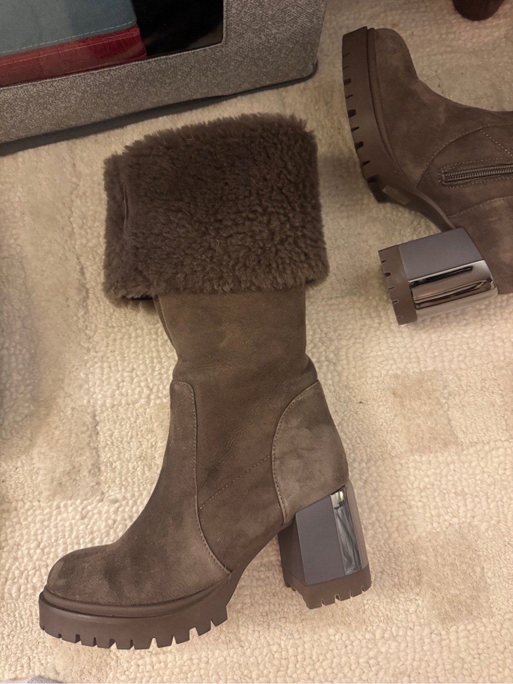 Women's Brown Suede Shearling Cuff Block Heel Boots